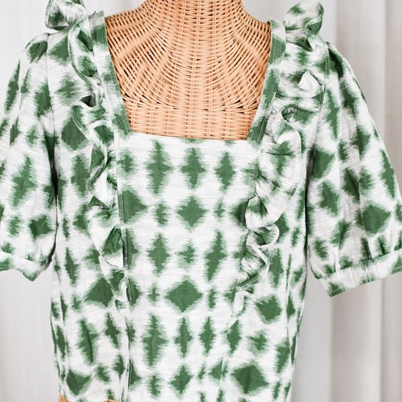 Sezane Tops - Sezane Green Tapestry Puff Sleeve Blouse